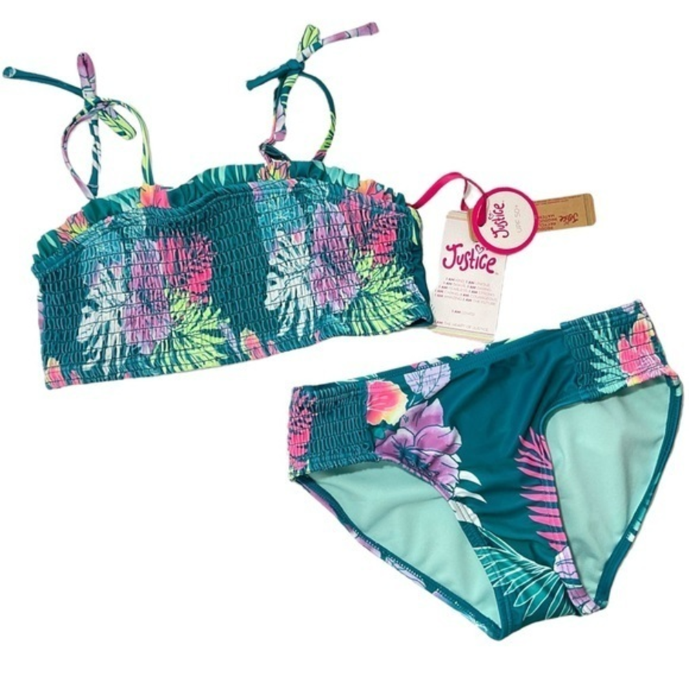 NWT Justice Girls 2 Piece Ruched Bandeau Top Bikini‎ Swimsuit